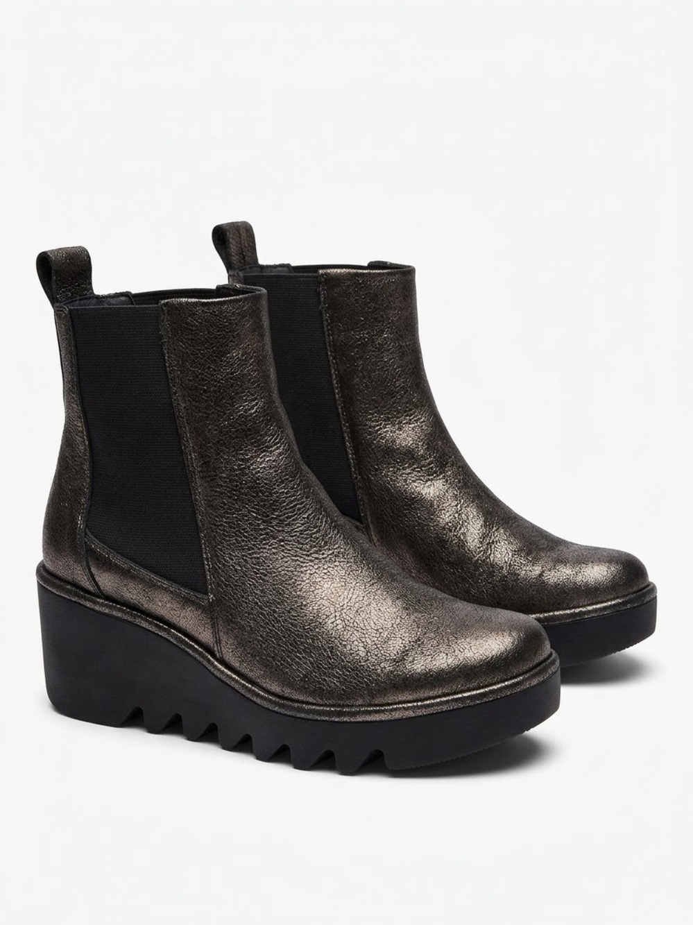 Fly London Metallic Pewter Chelsea Wedge Booties